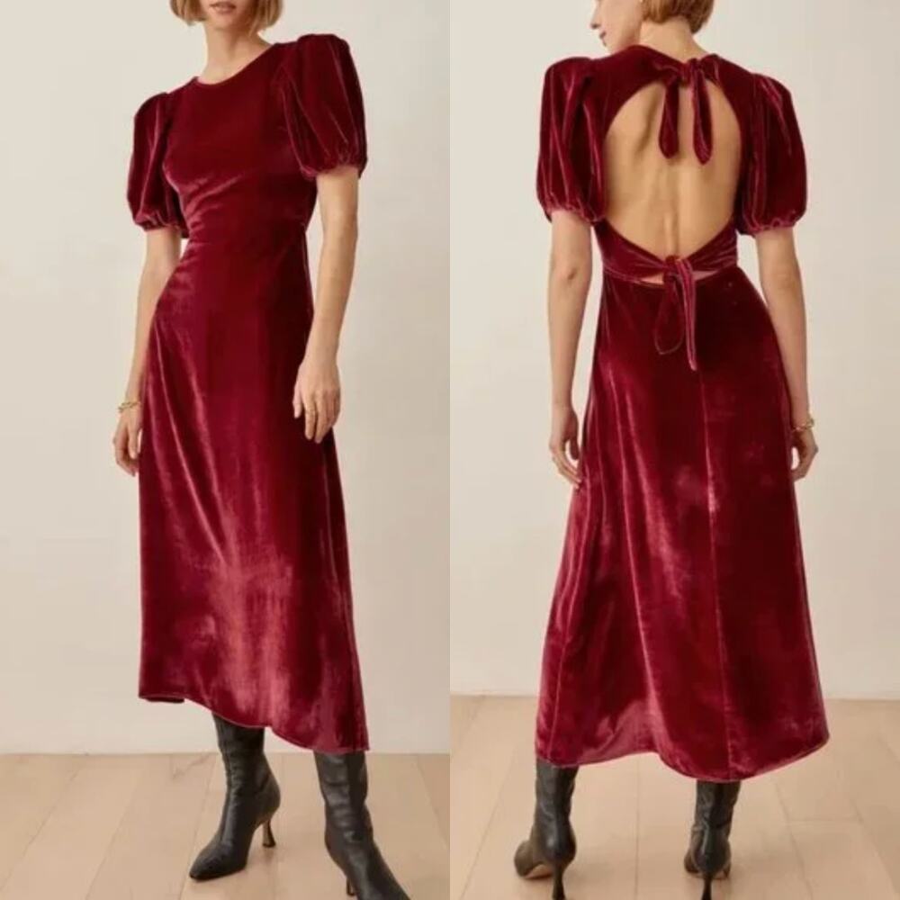Reformation Livia Red Velvet Puff Sleeve Midi Dress